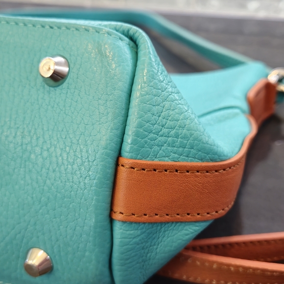 🎀 Valentina Turquoise and Tan Pebble Leather Shoulder Bag with Gold Accents - Picture 4 of 17